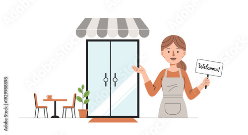 A flat vector illustration of a female shop owner wearing an apron and holding a white welcome sign while standing in front of a glass door with an awning.