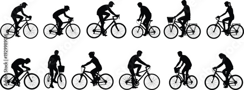 Cyclist silhouettes collection, men and women riding bicycles in various poses, black vector illustration isolated on white background for sports and commuting