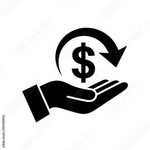 A hand holding a dollar sign with a circular arrow indicating financial exchange or investment