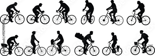 Cyclist silhouettes set, men riding bicycles in sport and urban commute poses, black vector illustration isolated on white background for cycling design