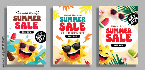 Summer Sale clipart poster set. Sun Emoji character clip art with 50% special offer Sale discount promo text banner collection for seasonal shopping promotion fliers advertisement design vector 