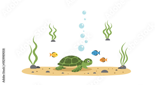 A green sea turtle crawls on a sandy ocean floor surrounded by three colorful fish and rising bubbles in a flat vector illustration.