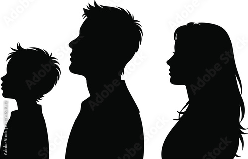 Family side profile silhouettes vector illustration, father mother and son portrait set isolated on white background, generation concept design template