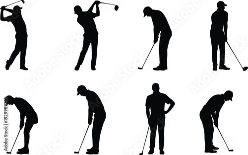 Golf player silhouettes collection, professional golfer swing and putting poses, black isolated vector illustration set for sports design and tournament concept