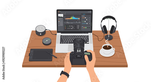 A first-person perspective shows hands holding a camera over a wooden desk equipped with a laptop, graphics tablet, headphones, and a cup of coffee.