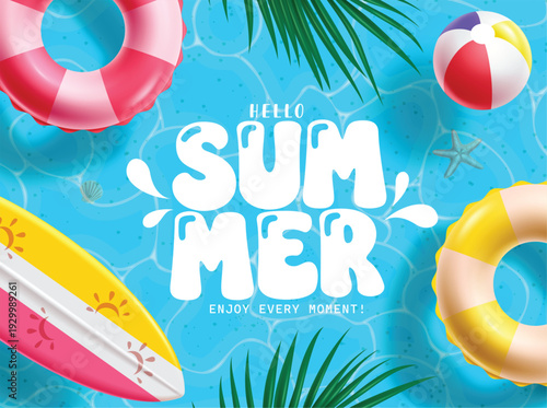 Hello Summer greeting text clipart. Summer greeting typography in swimming pool background with floating floaters, surfboard and beach ball tropical clip art elements for seasonal banner design vector