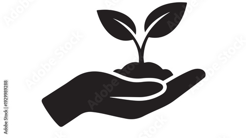 Hand holding small plant sprout with soil vector icon