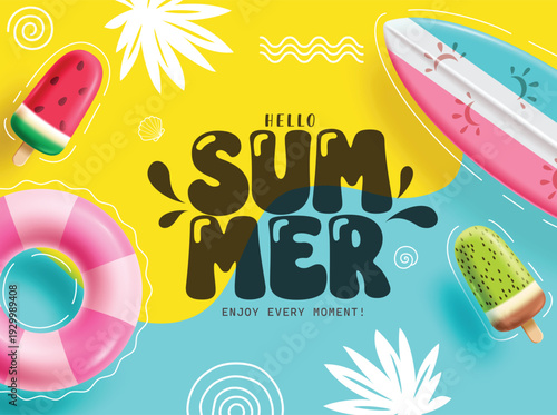 Hello Summer greeting text clipart abstract background. Summer clip art template in abstract yellow and blue background with colorful floater, surfboard, popsicle and tropical elements for seasonal 
