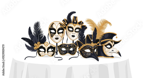Six ornate Venetian carnival masks with black and gold patterns and feathers are arranged together on a white cloth covered table.