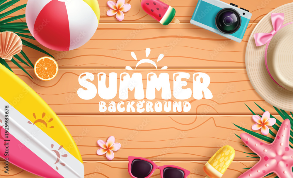 Fototapeta premium Summer wooden background clipart. Summer text clip art in wood background with beach ball, surfboard, hat, starfish and sunglasses colorful decoration elements for tropical season template design 