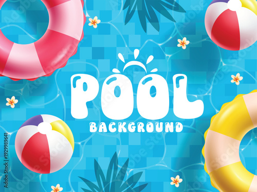 Summer Swimming Pool clipart background. Swimming Pool Background clip art with floating floaters, beach ball and flowers decoration elements for tropical Summer template design vector illustration.
