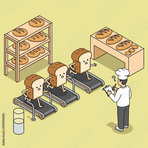 Cartoon bread loaves exercising on treadmills with a chef supervising.