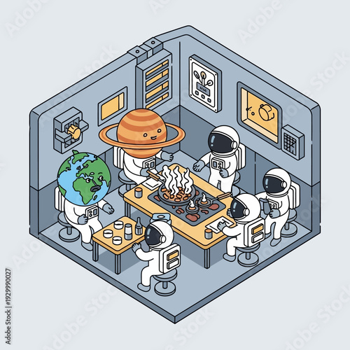 Astronauts collaborating on space mission in control room.