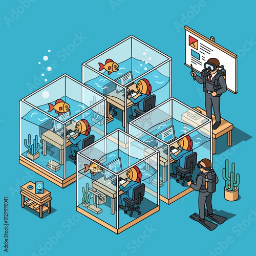 Isometric office scene with goldfish in cubicles and office workers.