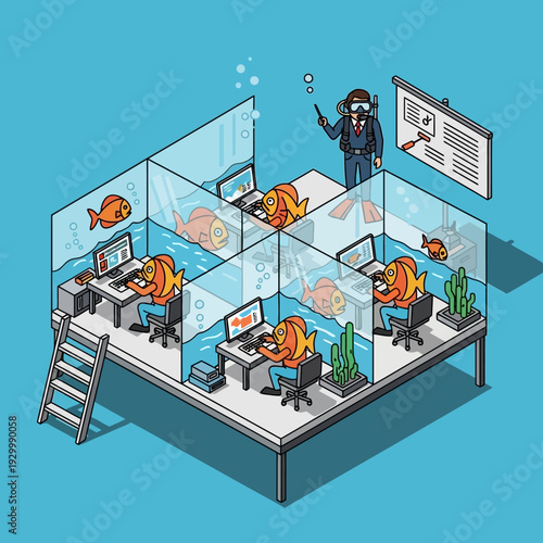 Isometric office scene with goldfish in cubicles and a manager supervising.