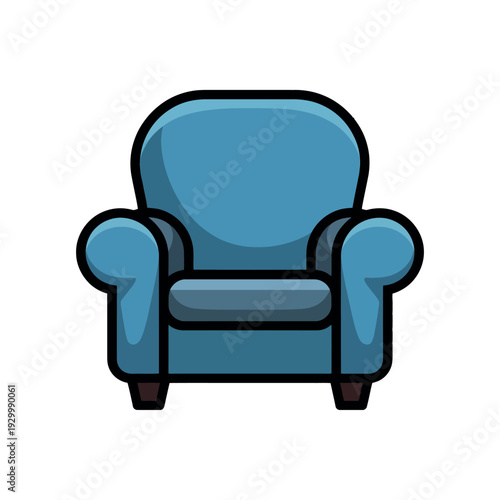 Comfortable upholstered armchair in simple blue color represents cozy home relaxation.