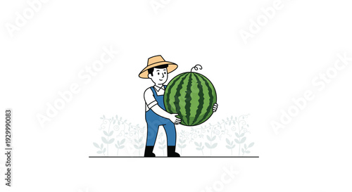 A cartoon farmer wearing a straw hat and blue overalls carries a giant green striped watermelon in front of a field of sketched plants.
