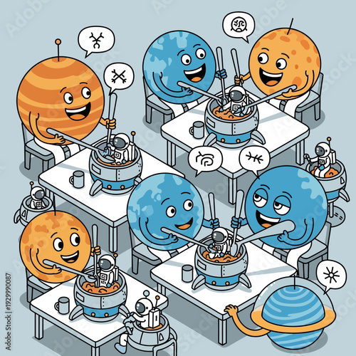 Cartoon planets working together in a workshop.