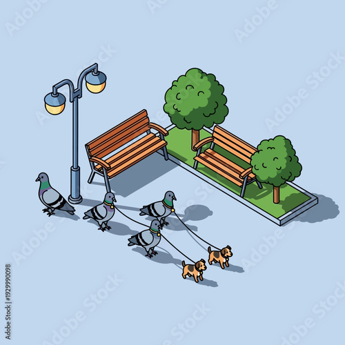 Isometric illustration of pigeons walking dogs in a park.