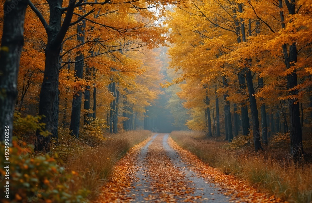 Obraz premium Empty gravel road through autumn forest with yellow leaves falling. Tall trees line path creating tunnel effect. Fall foliage colors paint the woodland scene.