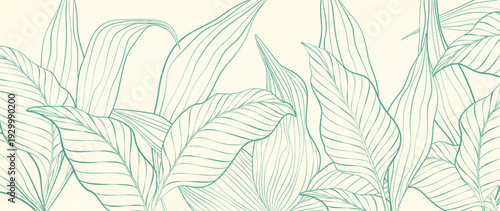 Art background with tropical plant leaves in light and green tones in a line style. Botanical banner for decor, prints, wallpaper, textiles, posters, and interior design.