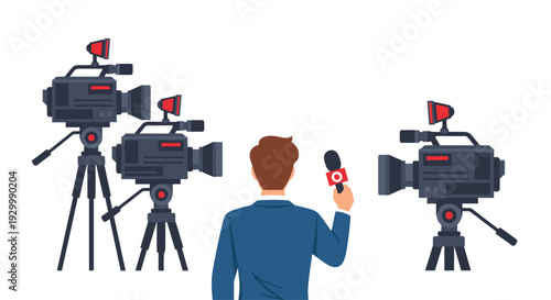 Rear view of a male journalist in a blue suit holding a microphone while facing three professional video cameras on tripods in a studio.
