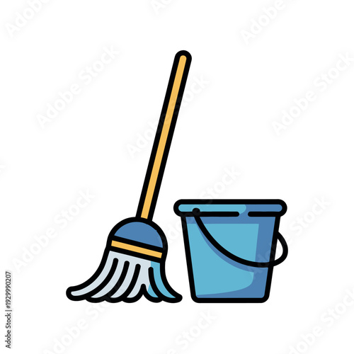 Mop and blue bucket stand ready for floor cleaning tasks in a stylized cartoon graphic.
