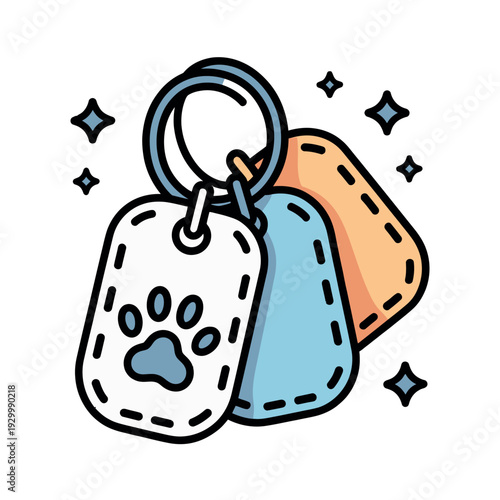 Three assorted pet identification tags with a paw print hang from a metal ring assembly.