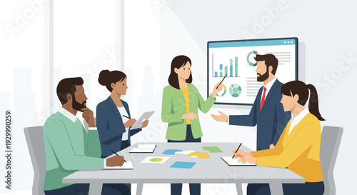 Professional Office Meeting Vector Illustration of Business People Discussing Strategies