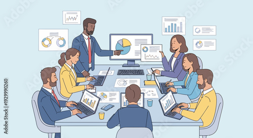 Professional office meeting vector illustration showcasing corporate teamwork concept and business vector illustration in a modern conference room setting