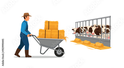 A farmer in a blue shirt and brown hat pushes a wheelbarrow full of hay bales toward three black and white cows behind a metal fence.