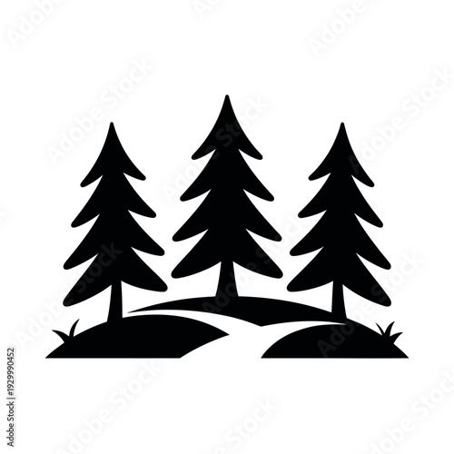 Silhouetted evergreen trees stand over a winding forest path illustration.