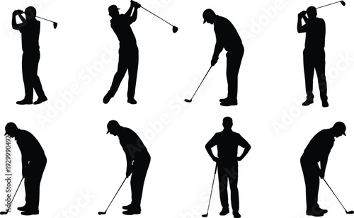 Golf player silhouettes set, professional golfer swinging club and putting ball, isolated black vector illustration collection on white background