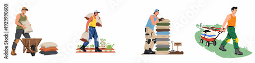 Diverse illustrations of men performing gardening and farming tasks, carrying sacks, planting, and tending to a vegetable patch with various tools.