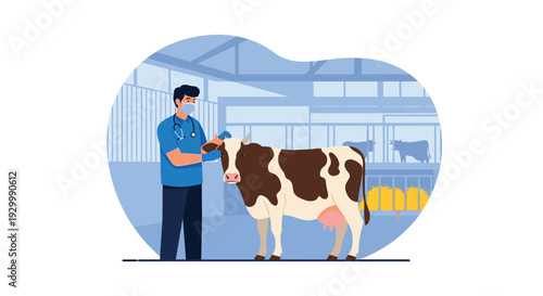 A male veterinarian wearing a medical mask and stethoscope examines a brown and white dairy cow inside a blue-toned farm stable with hay.