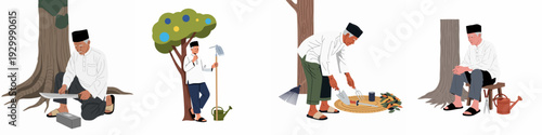 Illustrations of an elderly man's gardening routine: sharpening tools, tending plants, clearing leaves, and resting peacefully under a tree.