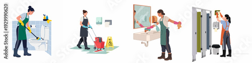 Professional cleaning staff ensuring public restroom hygiene and maintenance, performing various tasks like toilet scrubbing, floor mopping, and mirror wiping.