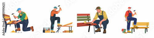 Diverse handymen and carpenters working on wooden benches, demonstrating repair, construction, and maintenance tasks with various tools.
