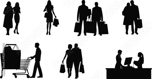 Retail shoppers and business people silhouettes vector set, customers with shopping bags, supermarket cart, cashier checkout counter, isolated black figures illustration