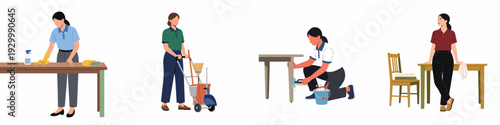 Diverse women illustrating professional cleaning services, performing various tasks from wiping tables to pushing cleaning carts and scrubbing surfaces, symbolizing efficient and thorough maintenance.