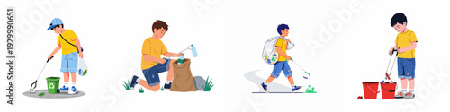 Young boys actively clean up litter, recycle plastic bottles, and collect waste for environmental protection and a cleaner planet.
