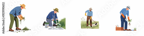 A collection of illustrations showcasing various gardening and yard work activities, including weeding, trimming, hoeing, and planting, performed by individuals.