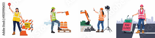 Female construction and traffic management workers in various roles, ensuring safety and directing operations on roads and sites.