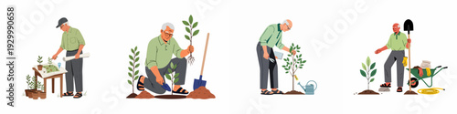 Senior men actively engage in gardening, planting saplings, watering trees, and tending to their plants with care, embracing a green hobby and active retirement.