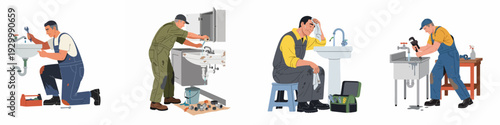 Illustration set featuring plumbers performing various tasks, including fixing leaky faucets, repairing pipes under sinks, and routine maintenance.