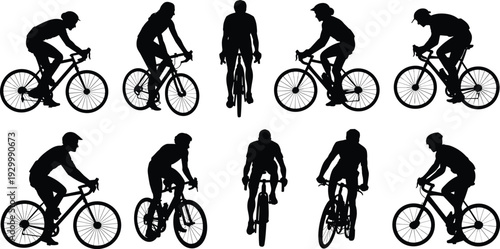 Road bicycle rider silhouettes collection, male and female cyclists in racing poses, black vector illustration isolated on white background for sports design