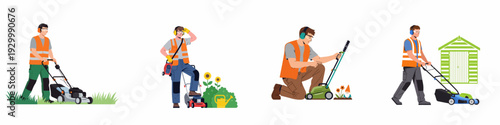 Professional Gardeners and Landscapers Engaged in Lawn Mowing and Garden Maintenance with Safety Gear and Tools Illustration Set