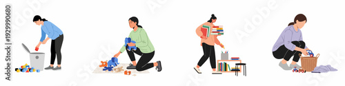 Women tidying up, organizing toys, books, and household items, illustrating daily chores and a clean environment.