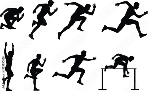 Track and field athlete silhouettes set, sprint start run jump hurdle poses collection, black vector illustration isolated on white background