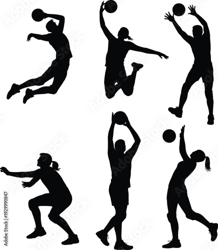 Volleyball player silhouettes set, men and women athletes spike serve block receive poses, dynamic sports action black vector illustration isolated background